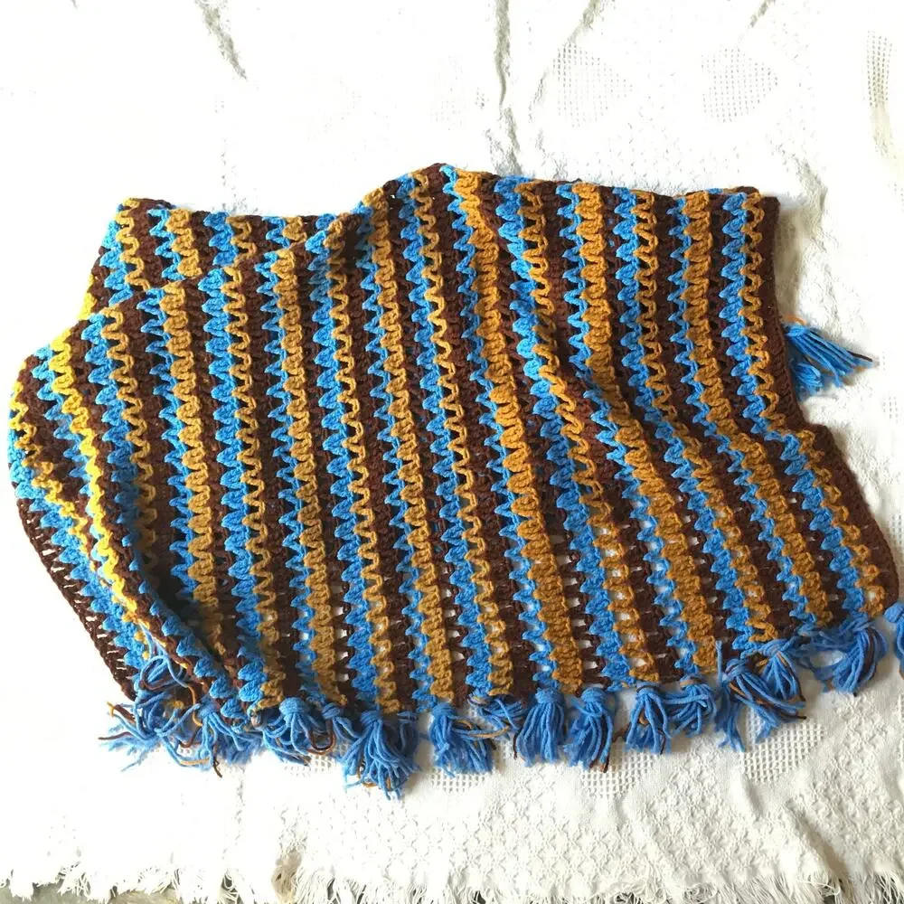 Vintage retro crocheted afghan, blanket - brown blue granny-core appr. 45